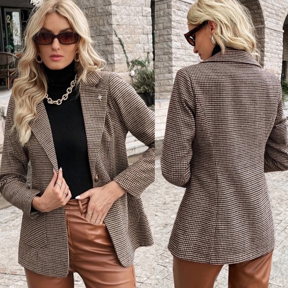 Jackets & Blazers - Dark academia plaid blazer jacket tan brown black preppy